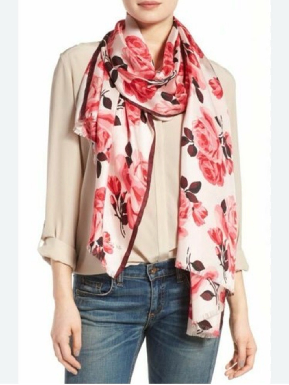 kate spade Pink Rose Print Silk Wrap Scarf
